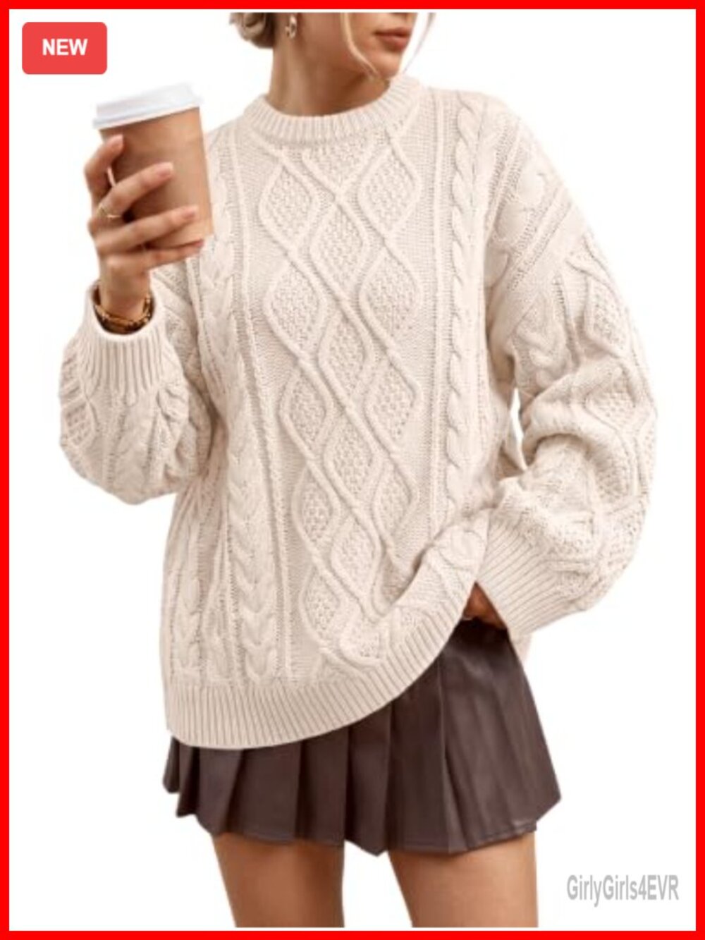 Oversized Cable Knit Sweater 60% Cotton Crew Neck Pullover